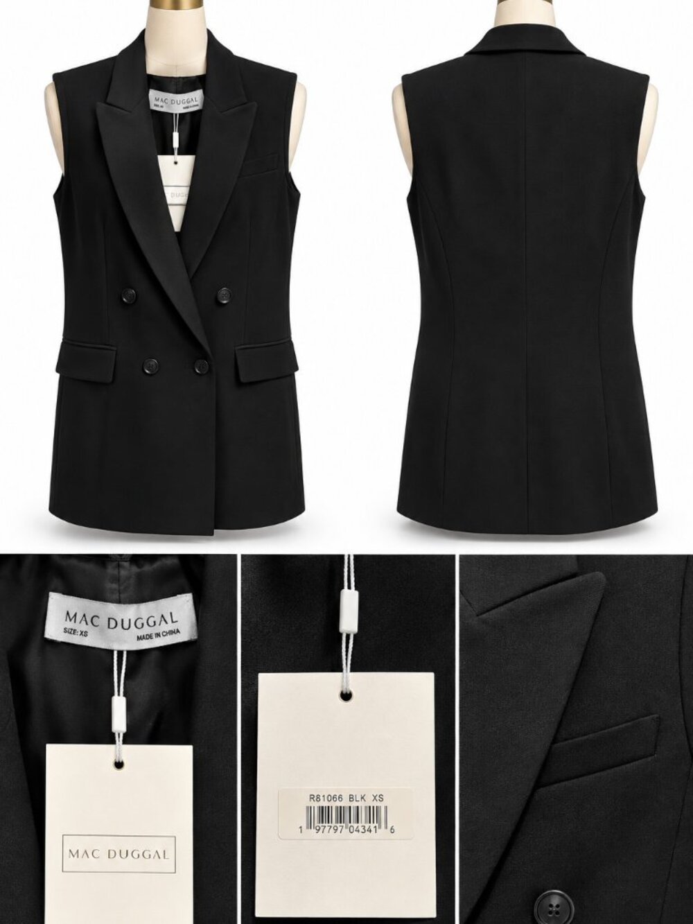Mac Duggal Black Tailored Crepe Sleeveless Double-Breasted Blazer Vest – Size XS